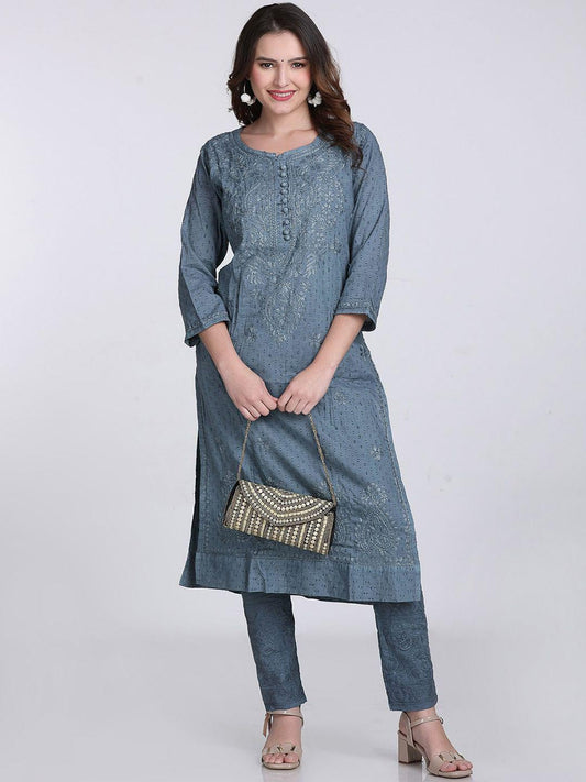 Chikankari Kurti Set Grey Cotton Co-ord, Hand Embroidered Top, Lucknowi Cotton Suit, Ethnic Indian Outfit, Desi Gift For Her