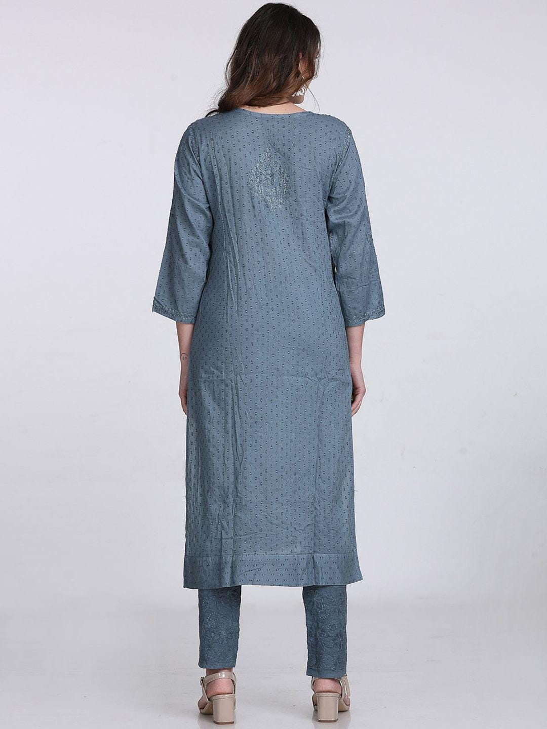 Chikankari Kurti Set Grey Cotton Co-ord, Hand Embroidered Top, Lucknowi Cotton Suit, Ethnic Indian Outfit, Desi Gift For Her