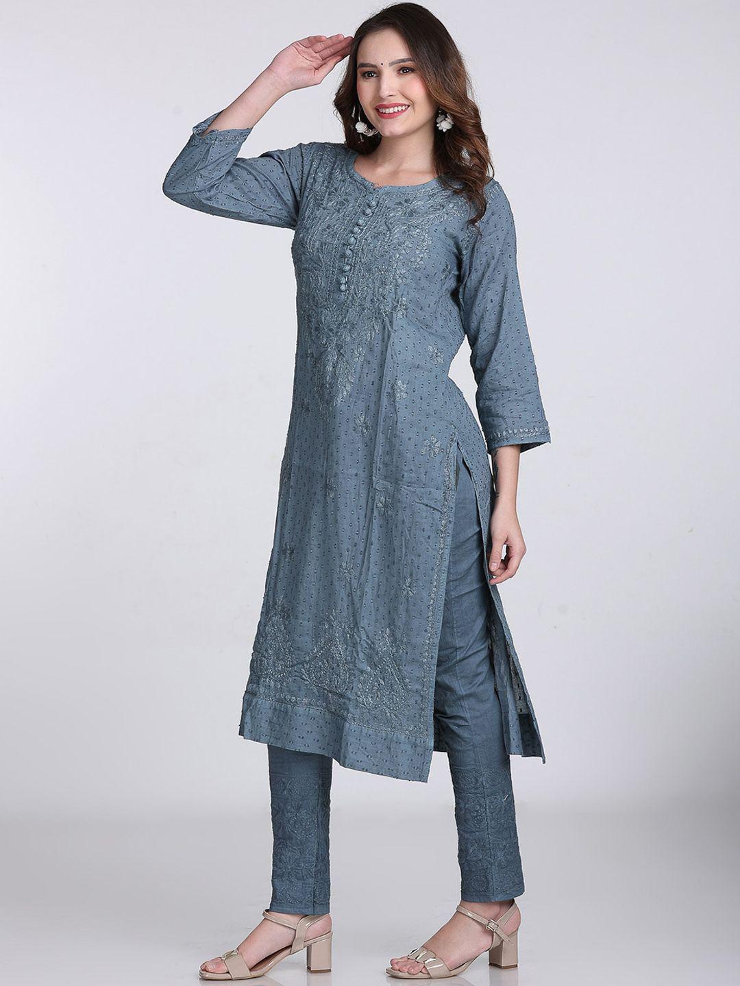 Chikankari Kurti Set Grey Cotton Co-ord, Hand Embroidered Top, Lucknowi Cotton Suit, Ethnic Indian Outfit, Desi Gift For Her