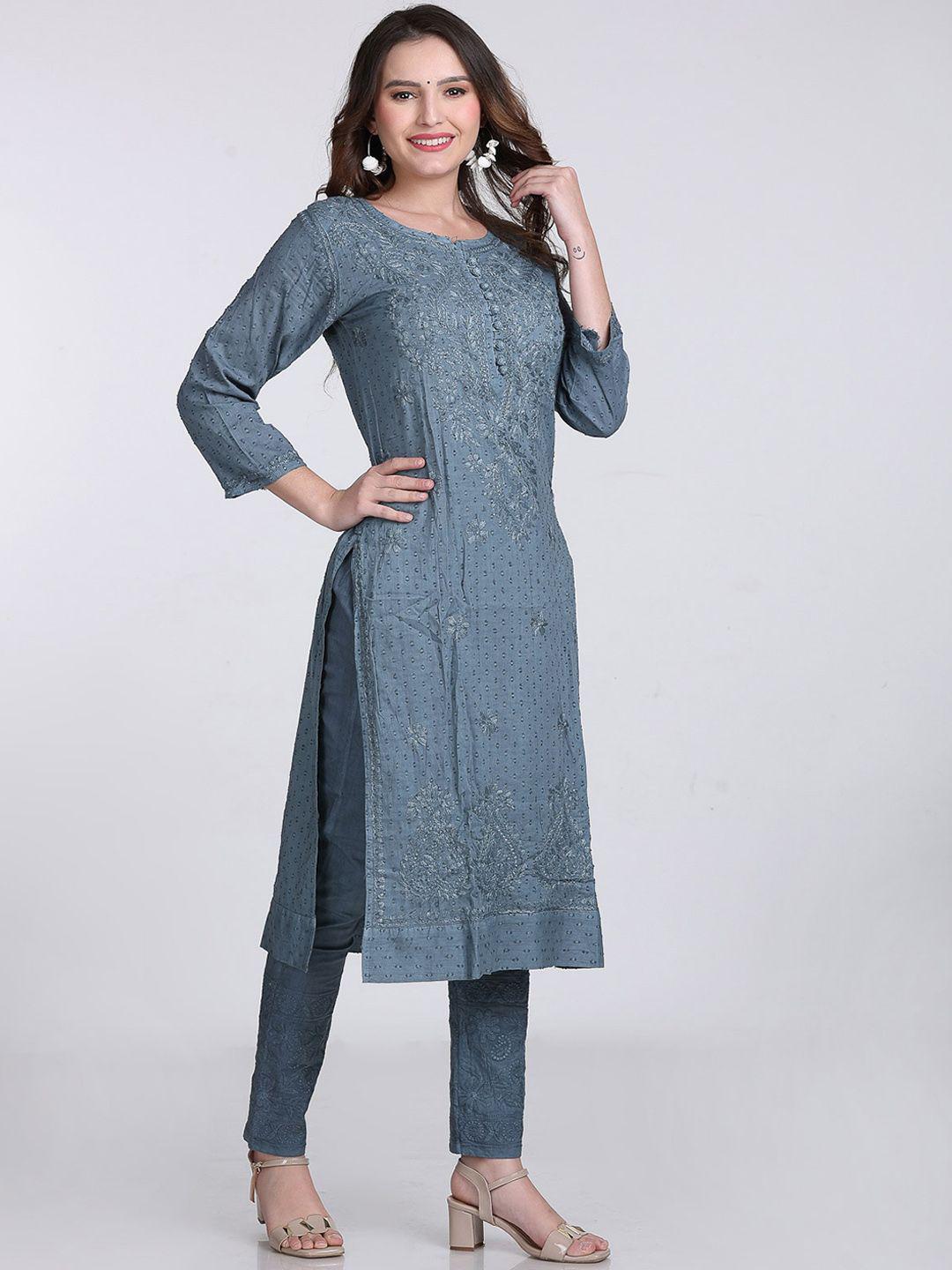 Chikankari Kurti Set Grey Cotton Co-ord, Hand Embroidered Top, Lucknowi Cotton Suit, Ethnic Indian Outfit, Desi Gift For Her