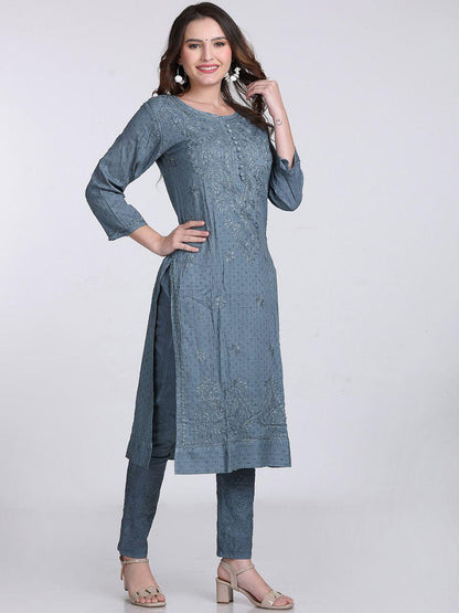 Chikankari Kurti Set Grey Cotton Co-ord, Hand Embroidered Top, Lucknowi Cotton Suit, Ethnic Indian Outfit, Desi Gift For Her