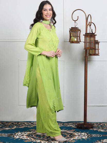 Ombre Chikankari Kurti Palazzo Dupatta Set | Handmade Rayon Cotton Chikan Embroidery Indian Ethnic Suit | Women Festive Wedding Co-ord Gift