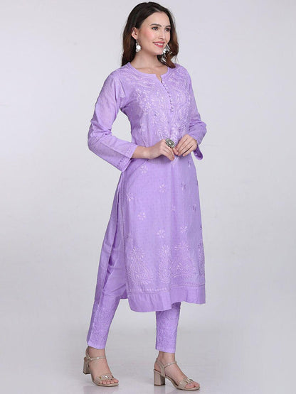 Handmade Lucknow Chikankari 3 Piece Set Dobby Cotton Kurti 46 Inch Length 3/4 Sleeve Stretchable Lycra Trouser Pockets Plus Size Ethnic Suit