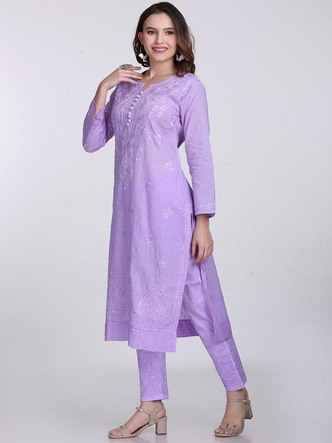 Handmade Lucknow Chikankari 3 Piece Set Dobby Cotton Kurti 46 Inch Length 3/4 Sleeve Stretchable Lycra Trouser Pockets Plus Size Ethnic Suit
