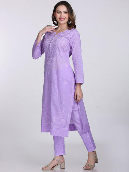 Handmade Lucknow Chikankari 3 Piece Set Dobby Cotton Kurti 46 Inch Length 3/4 Sleeve Stretchable Lycra Trouser Pockets Plus Size Ethnic Suit
