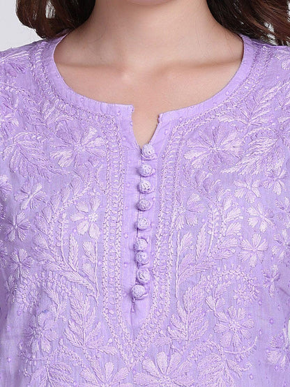 Handmade Lucknow Chikankari 3 Piece Set Dobby Cotton Kurti 46 Inch Length 3/4 Sleeve Stretchable Lycra Trouser Pockets Plus Size Ethnic Suit