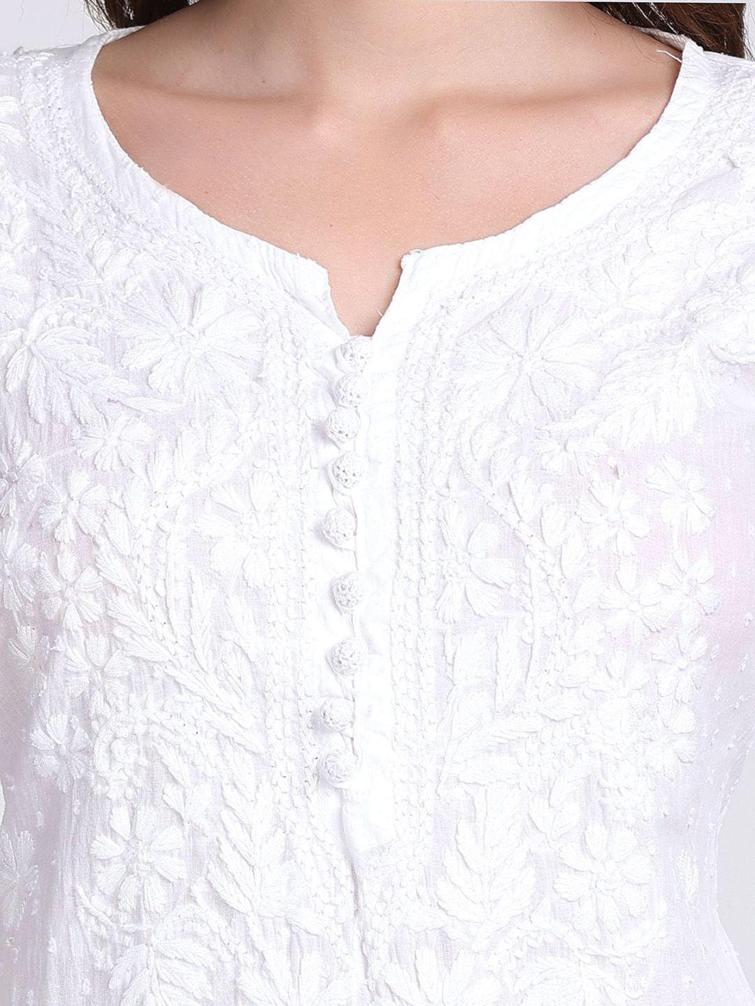 Handmade Lucknow Chikankari 3 Piece Set Dobby Cotton Kurti 46 Inch Length 3/4 Sleeve Stretchable Lycra Trouser Pockets Plus Size Ethnic Suit