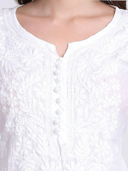 Handmade Lucknow Chikankari 3 Piece Set Dobby Cotton Kurti 46 Inch Length 3/4 Sleeve Stretchable Lycra Trouser Pockets Plus Size Ethnic Suit