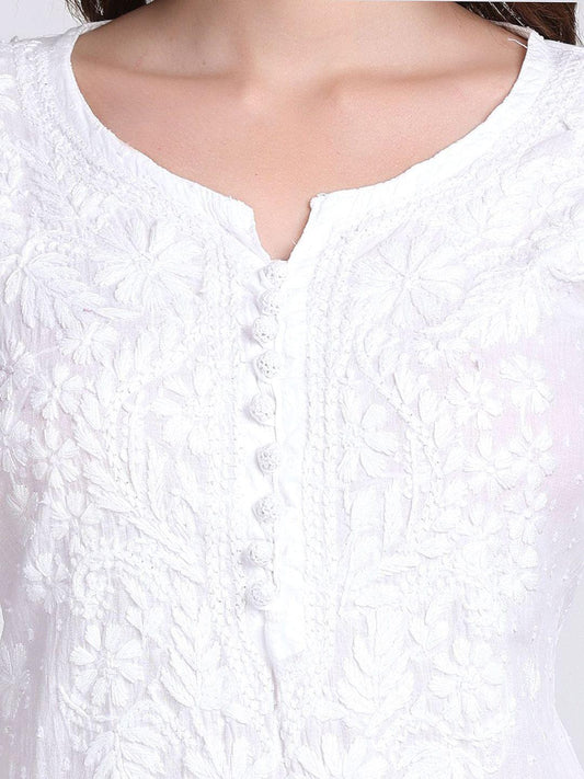 Handmade Lucknow Chikankari 3 Piece Set Dobby Cotton Kurti 46 Inch Length 3/4 Sleeve Stretchable Lycra Trouser Pockets Plus Size Ethnic Suit