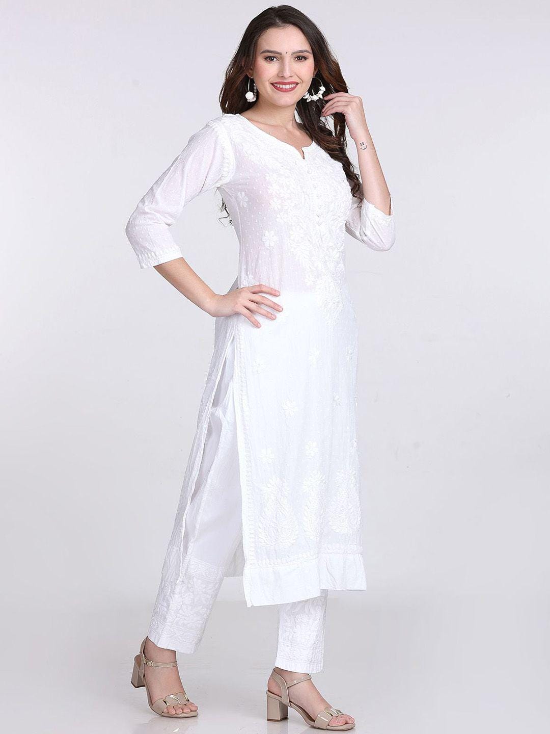 Handmade Lucknow Chikankari 3 Piece Set Dobby Cotton Kurti 46 Inch Length 3/4 Sleeve Stretchable Lycra Trouser Pockets Plus Size Ethnic Suit