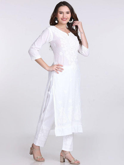 Handmade Lucknow Chikankari 3 Piece Set Dobby Cotton Kurti 46 Inch Length 3/4 Sleeve Stretchable Lycra Trouser Pockets Plus Size Ethnic Suit