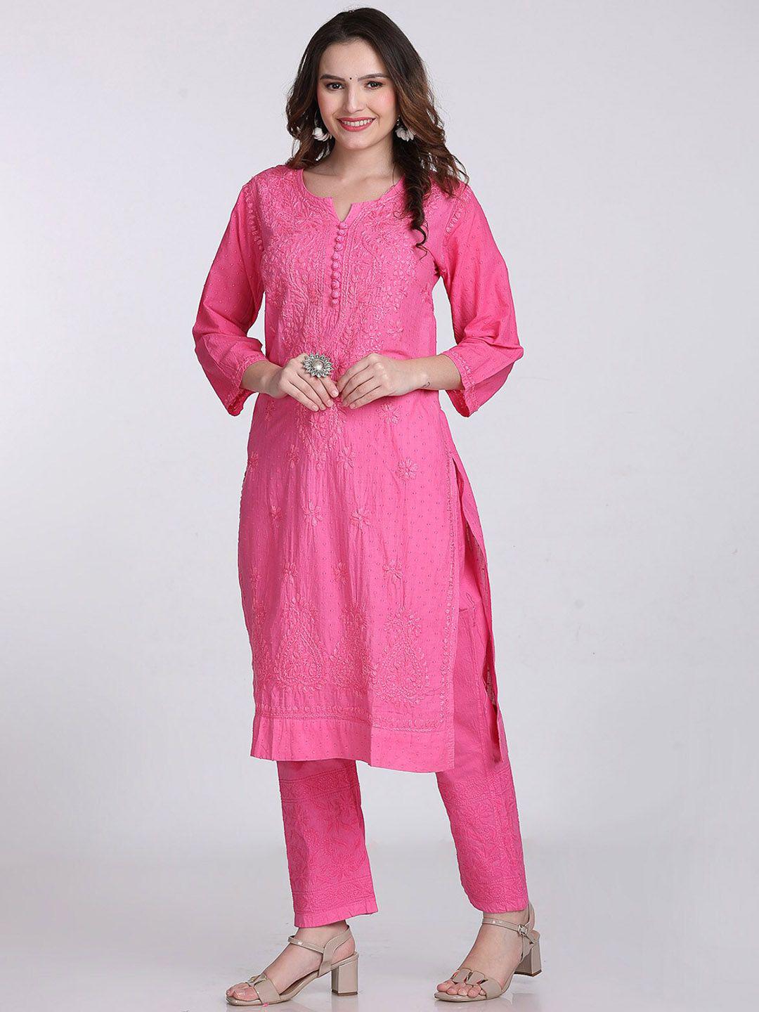 Handmade Lucknow Chikankari 3 Piece Set Dobby Cotton Pink Kurti 46 Inch Length Stretchable Lycra Trouser Pockets Plus Size Ethnic Suit