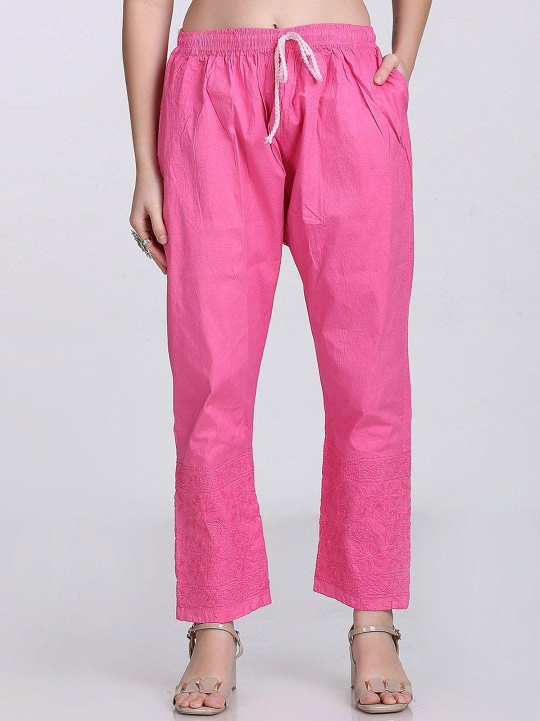 Handmade Lucknow Chikankari 3 Piece Set Dobby Cotton Pink Kurti 46 Inch Length Stretchable Lycra Trouser Pockets Plus Size Ethnic Suit