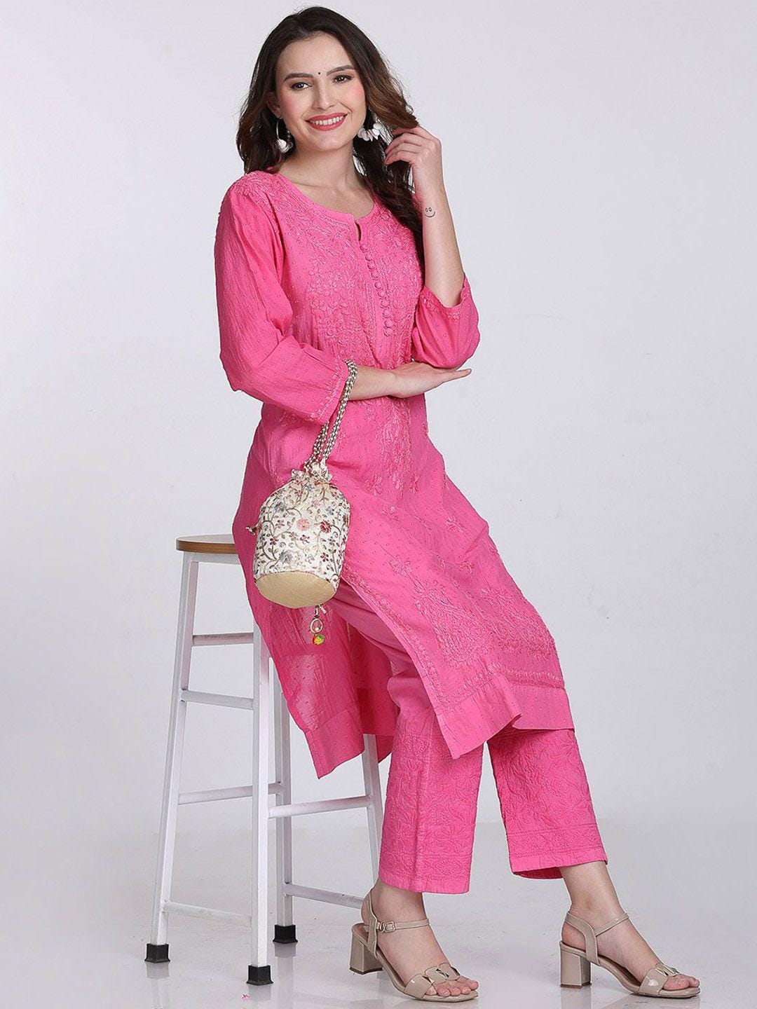 Handmade Lucknow Chikankari 3 Piece Set Dobby Cotton Pink Kurti 46 Inch Length Stretchable Lycra Trouser Pockets Plus Size Ethnic Suit