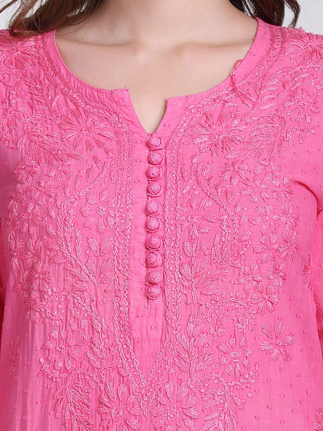 Handmade Lucknow Chikankari 3 Piece Set Dobby Cotton Pink Kurti 46 Inch Length Stretchable Lycra Trouser Pockets Plus Size Ethnic Suit