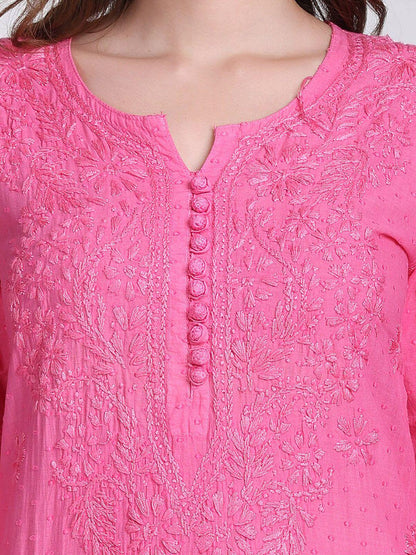 Handmade Lucknow Chikankari 3 Piece Set Dobby Cotton Pink Kurti 46 Inch Length Stretchable Lycra Trouser Pockets Plus Size Ethnic Suit