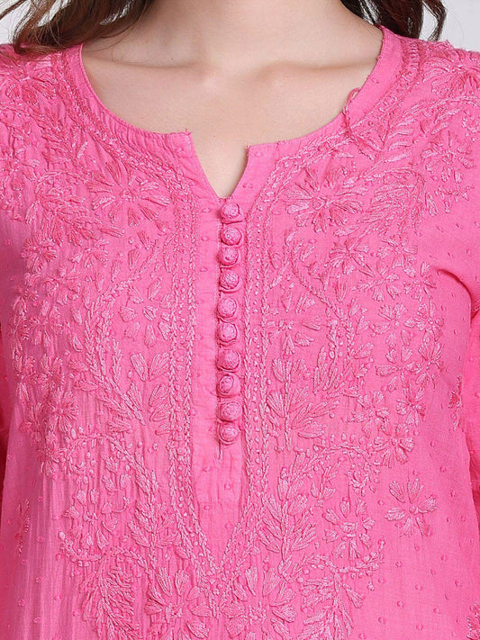 Handmade Lucknow Chikankari 3 Piece Set Dobby Cotton Pink Kurti 46 Inch Length Stretchable Lycra Trouser Pockets Plus Size Ethnic Suit
