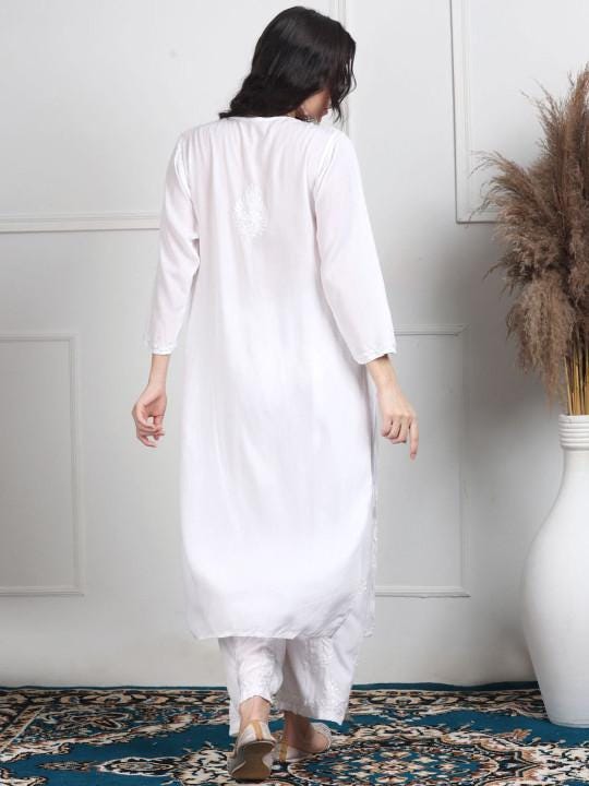 White Chikankari Kurti Palazzo Dupatta Set | Handmade Rayon Cotton Chikan Embroidery Indian Ethnic Suit | Women Festive Wedding Co-ord Gift