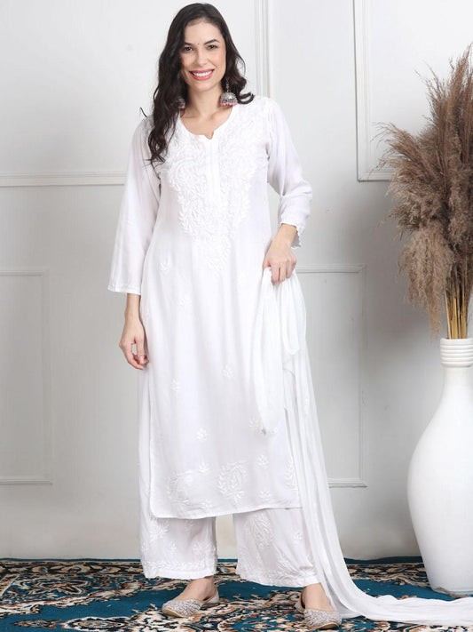 White Chikankari Kurti Palazzo Dupatta Set | Handmade Rayon Cotton Chikan Embroidery Indian Ethnic Suit | Women Festive Wedding Co-ord Gift