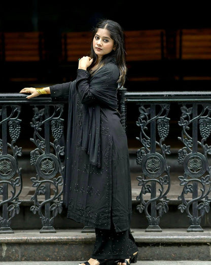 Black Mukaish Kurti Set 3 Piece | Hand Embellished Rayon Suit from India, Traditional Indian Dress with Dupatta, Gota Patti Work Ethnic Wear