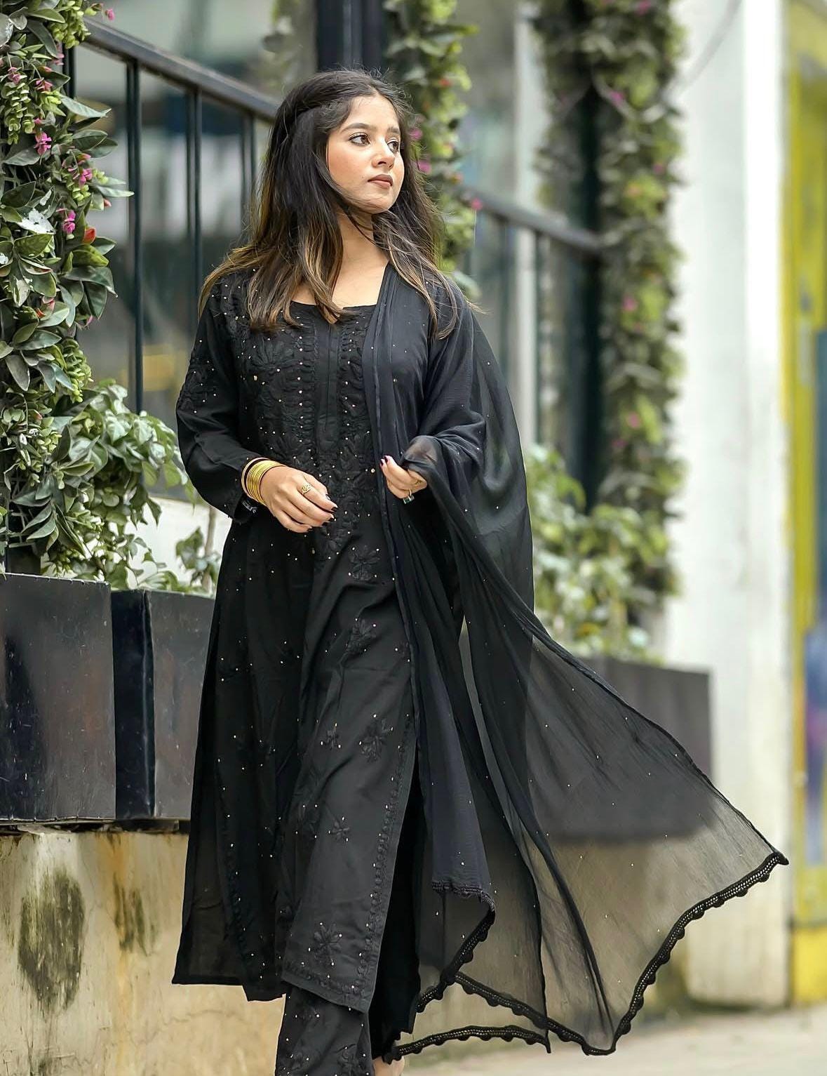 Black Mukaish Kurti Set 3 Piece | Hand Embellished Rayon Suit from India, Traditional Indian Dress with Dupatta, Gota Patti Work Ethnic Wear