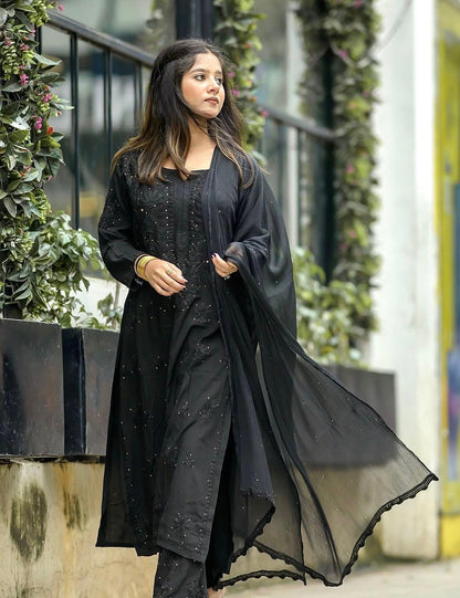 Black Mukaish Kurti Set 3 Piece | Hand Embellished Rayon Suit from India, Traditional Indian Dress with Dupatta, Gota Patti Work Ethnic Wear