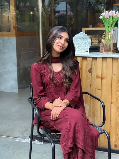 Brown Mukaish Kurti Set 3 Piece | Hand Embellished Rayon Suit from India | Traditional Indian Dress with Dupatta | Gota Patti Ethnic Wear