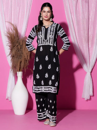 Handmade Chikankari Co-ord Set Black White Butter Soft Modal Kurti Palazzo Set Plus Size Indian Ethnic Wear Luxury Women Suit