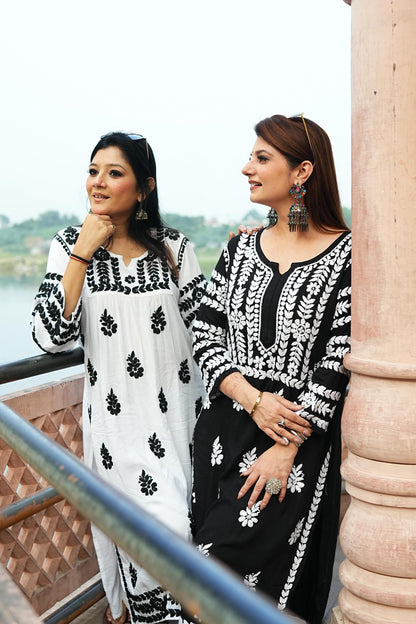 Handmade Chikankari Co-ord Set Black White Butter Soft Modal Kurti Palazzo Set Plus Size Indian Ethnic Wear Luxury Women Suit