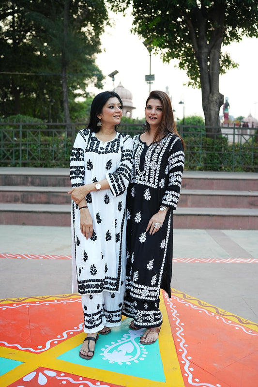 Handmade Chikankari Co-ord Set Black White Butter Soft Modal Kurti Palazzo Set Plus Size Indian Ethnic Wear Luxury Women Suit