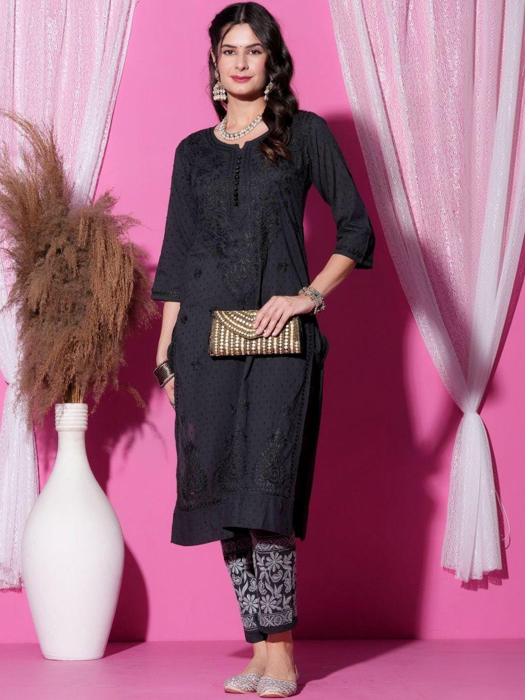 Black Chikankari Cotton Kurti Pant Set | Handmade Lucknowi Chikan Embroidery 2Pc Indian Ethnic Suit | Women Kurta Co-ord Set Gift Her