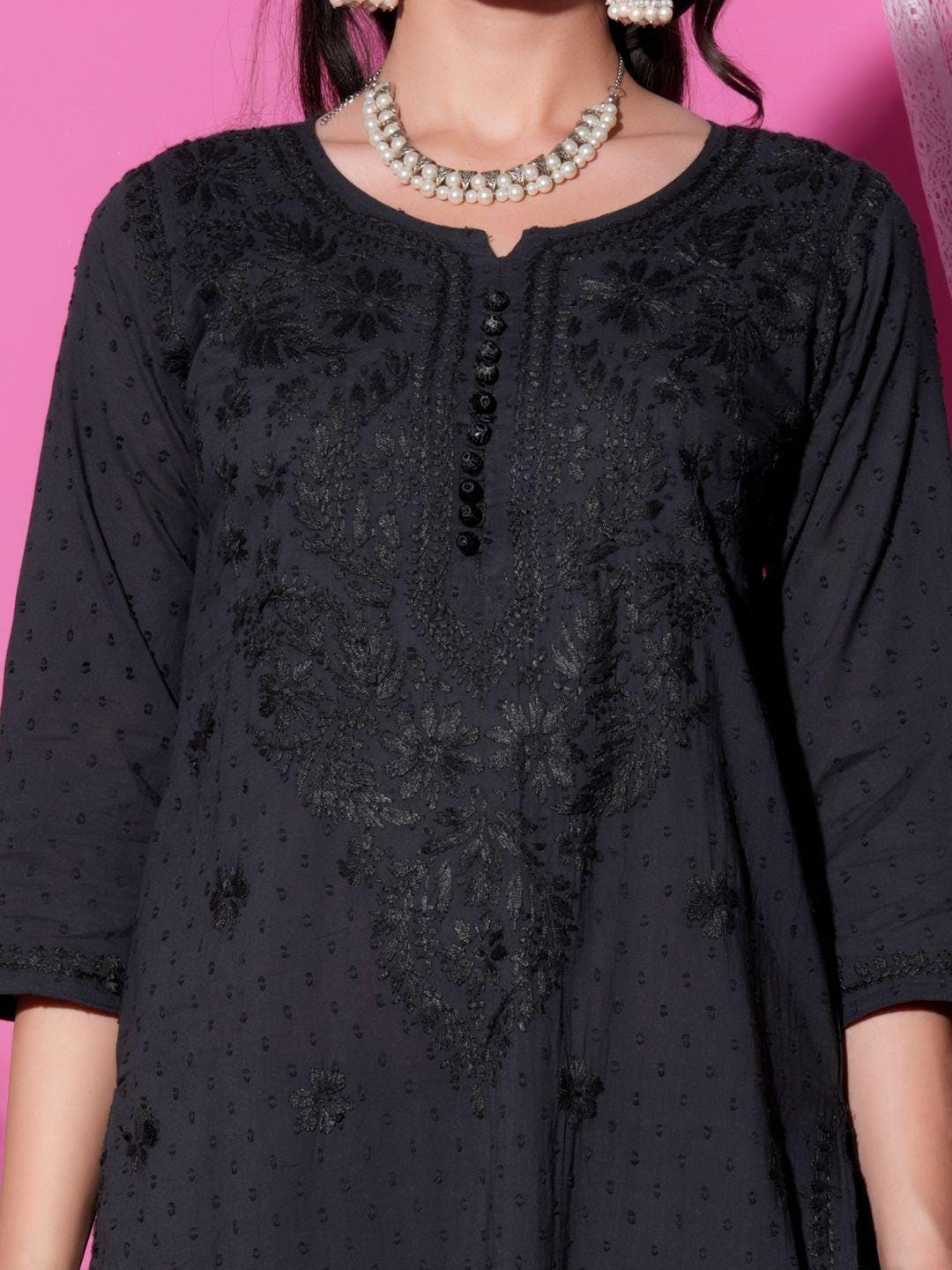 Black Chikankari Cotton Kurti Pant Set | Handmade Lucknowi Chikan Embroidery 2Pc Indian Ethnic Suit | Women Kurta Co-ord Set Gift Her