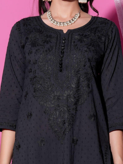 Black Chikankari Cotton Kurti Pant Set | Handmade Lucknowi Chikan Embroidery 2Pc Indian Ethnic Suit | Women Kurta Co-ord Set Gift Her
