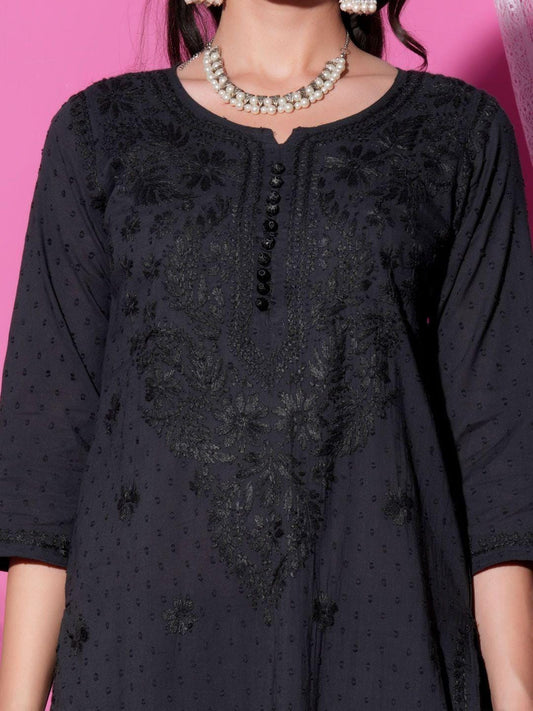 Black Chikankari Cotton Kurti Pant Set | Handmade Lucknowi Chikan Embroidery 2Pc Indian Ethnic Suit | Women Kurta Co-ord Set Gift Her