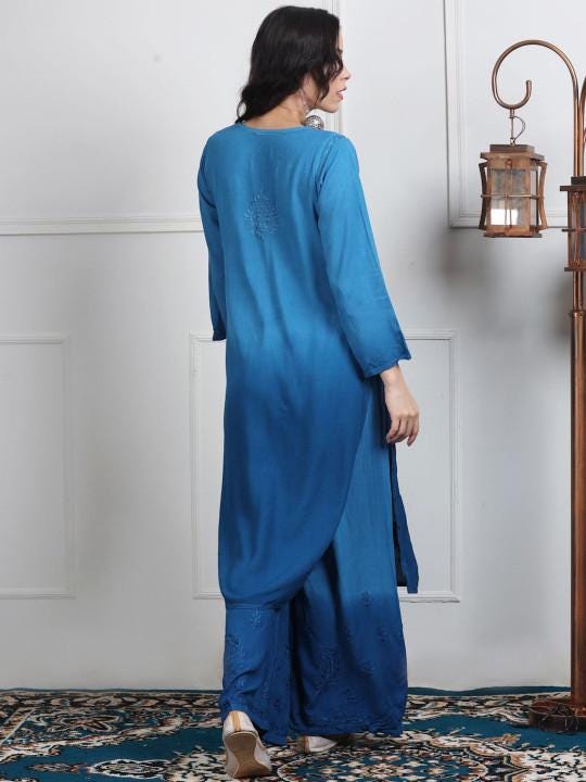 Ombre Chikankari Kurti Palazzo Dupatta Set | Handmade Rayon Cotton Chikan Embroidery Indian Ethnic Suit | Women Festive Wedding Co-ord Gift