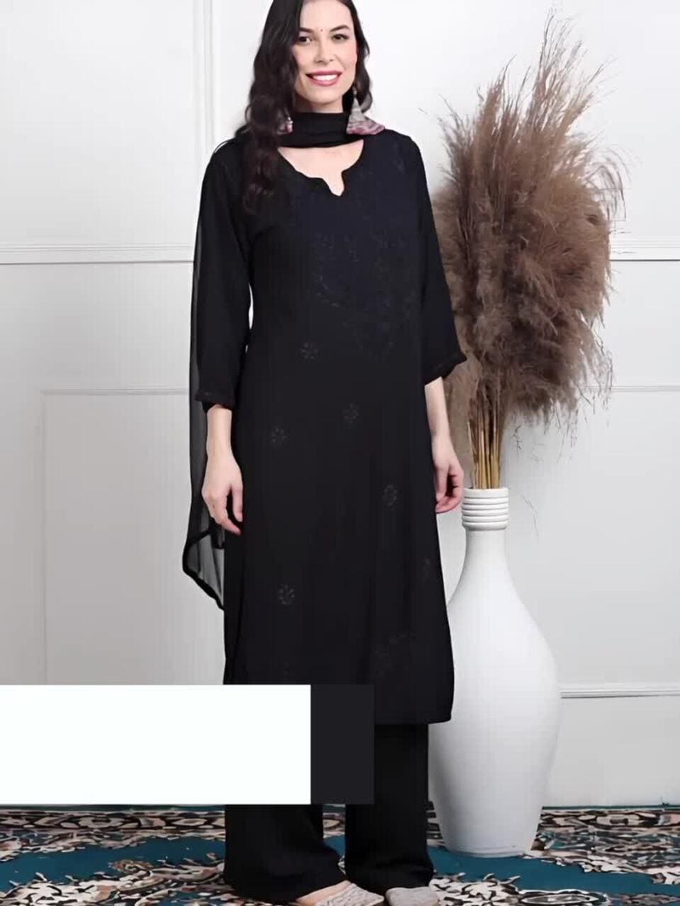 Black Chikankari Kurti Palazzo Dupatta Set | Handmade Rayon Cotton Chikan Embroidery Indian Ethnic Suit | Women Festive Wedding Co-ord Gift