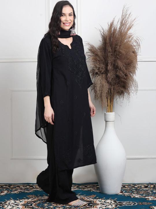 Black Chikankari Kurti Palazzo Dupatta Set | Handmade Rayon Cotton Chikan Embroidery Indian Ethnic Suit | Women Festive Wedding Co-ord Gift