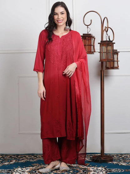 Red Chikankari Kurti Palazzo Dupatta Set | Handmade Rayon Cotton Chikan Embroidery Indian Ethnic Suit | Women Festive Wedding Co-ord Gift
