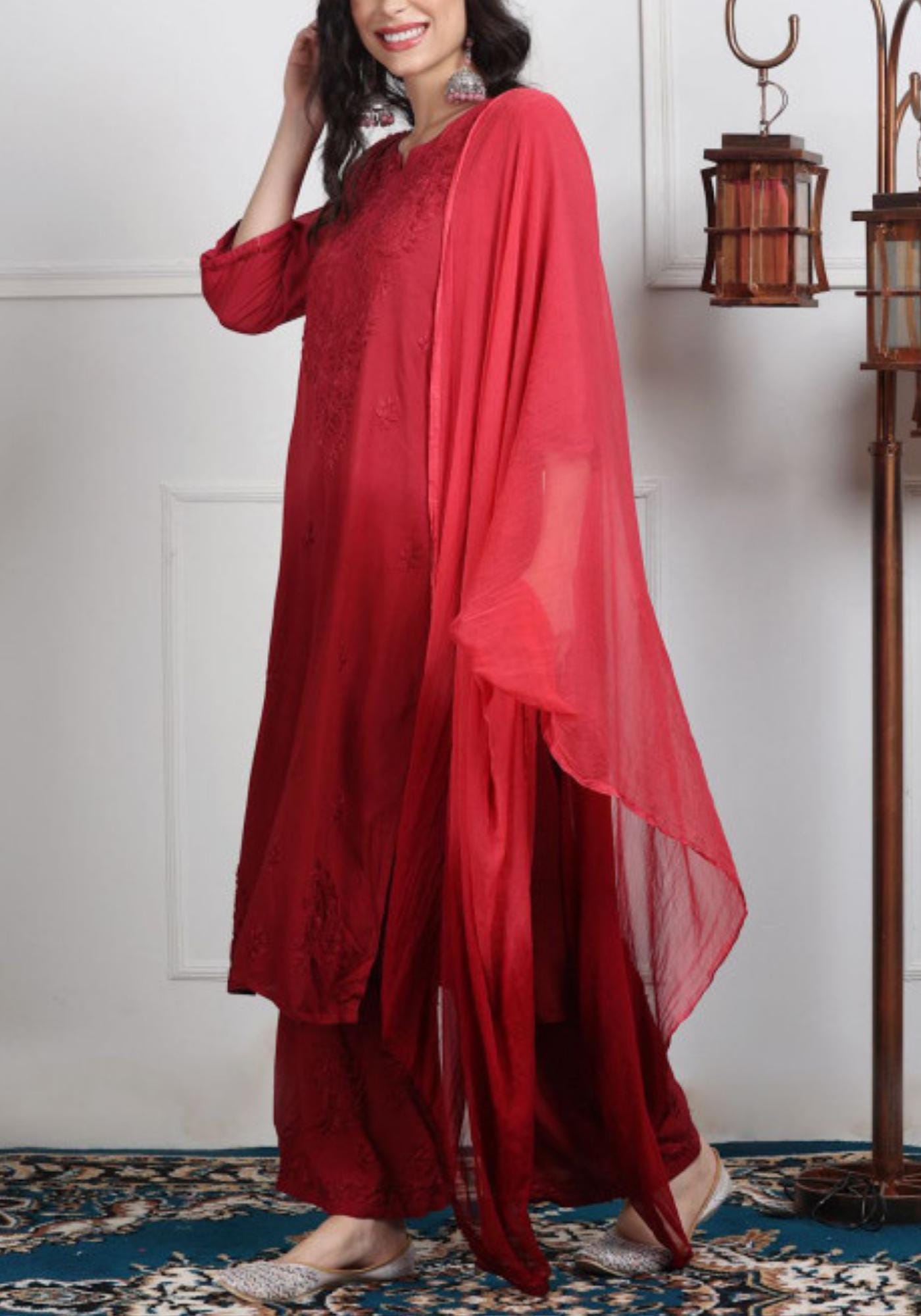 Red Chikankari Kurti Palazzo Dupatta Set | Handmade Rayon Cotton Chikan Embroidery Indian Ethnic Suit | Women Festive Wedding Co-ord Gift