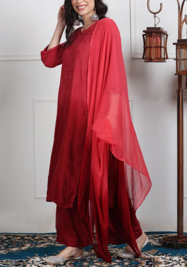 Red Chikankari Kurti Palazzo Dupatta Set | Handmade Rayon Cotton Chikan Embroidery Indian Ethnic Suit | Women Festive Wedding Co-ord Gift