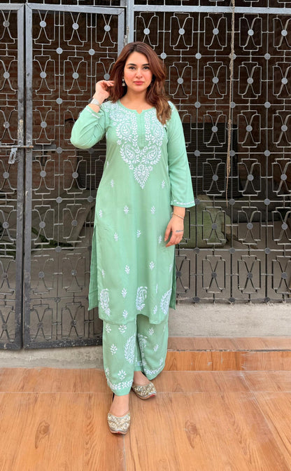 Handmade Lucknow Chikankari Co-ord Set Summer Breathable Rayon Kurti Palazzo Set Plus Size Traditional Salwar Suit Lightweight