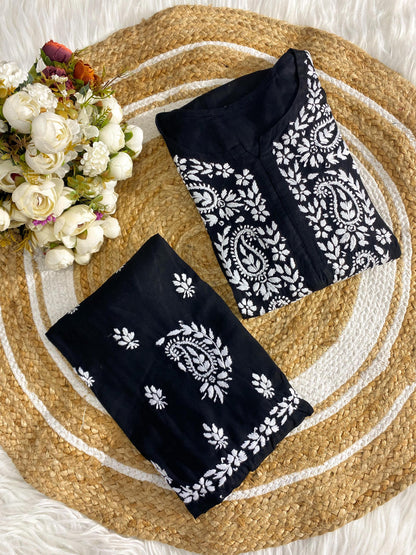 Handmade Lucknow Chikankari Co-ord Set Summer Breathable Rayon Kurti Palazzo Set Plus Size Traditional Salwar Suit Lightweight