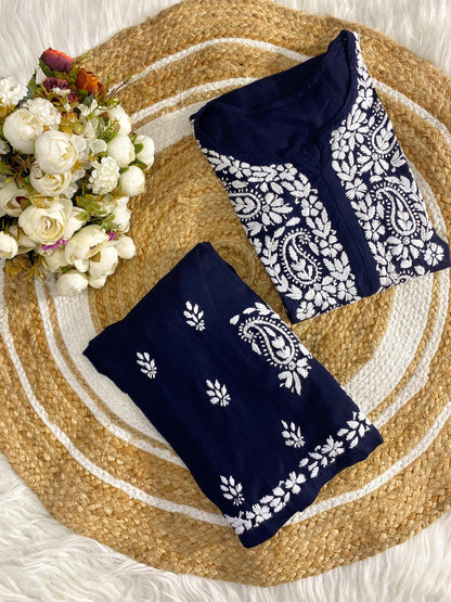 Handmade Lucknow Chikankari Co-ord Set Summer Breathable Rayon Kurti Palazzo Set Plus Size Traditional Salwar Suit Lightweight