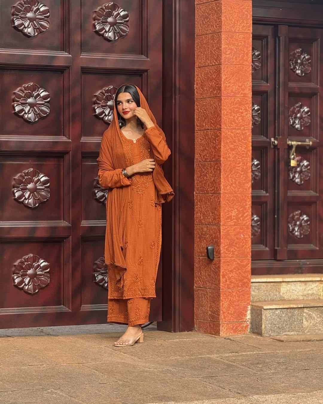 Authentic Handmade Lucknow Chikankari Set Intricate Embroidery Soft Breathable Cotton Kurti Palazzo Dupatta Traditional Indian Salwar Suit