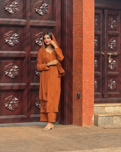 Authentic Handmade Lucknow Chikankari Set Intricate Embroidery Soft Breathable Cotton Kurti Palazzo Dupatta Traditional Indian Salwar Suit