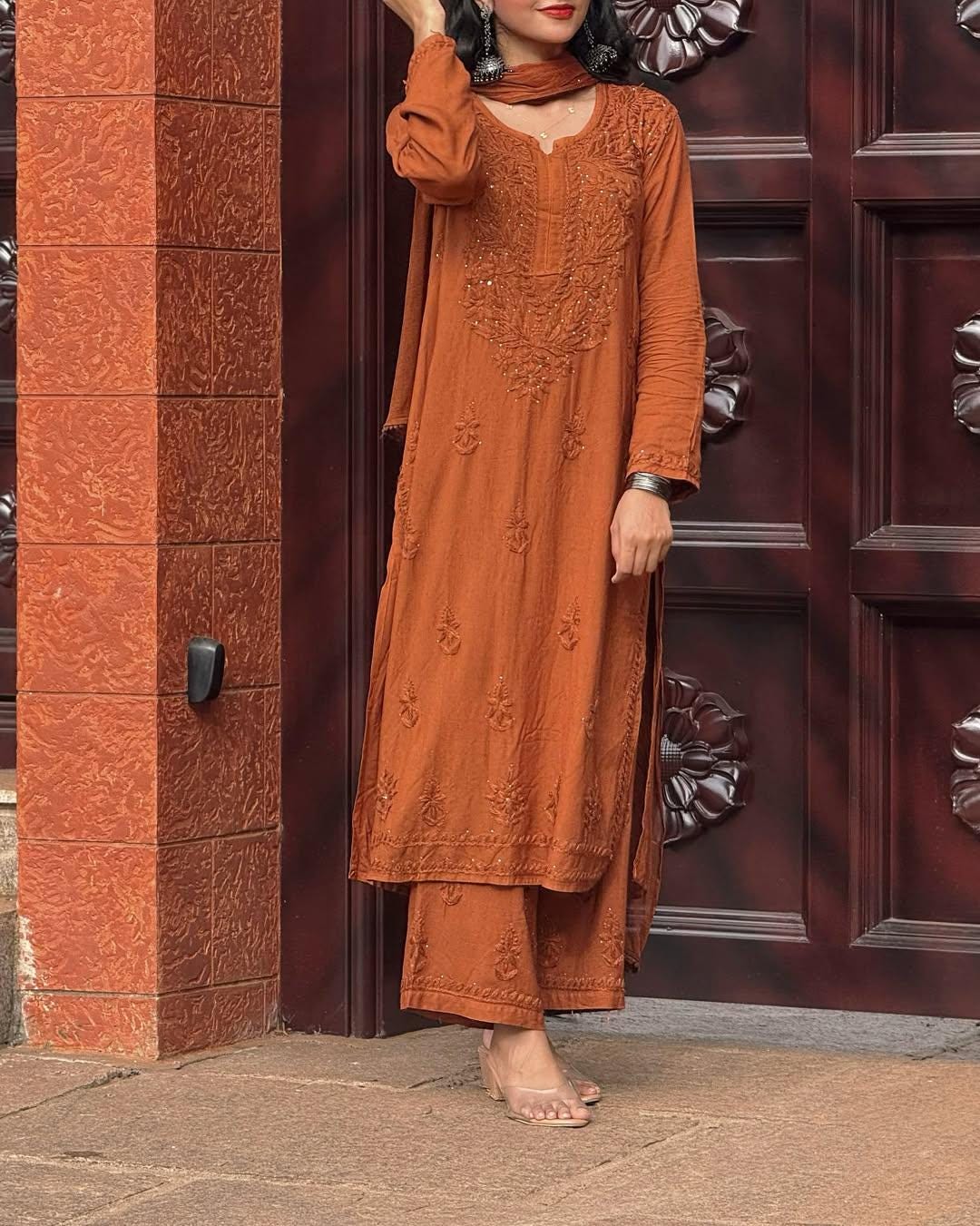 Authentic Handmade Lucknow Chikankari Set Intricate Embroidery Soft Breathable Cotton Kurti Palazzo Dupatta Traditional Indian Salwar Suit