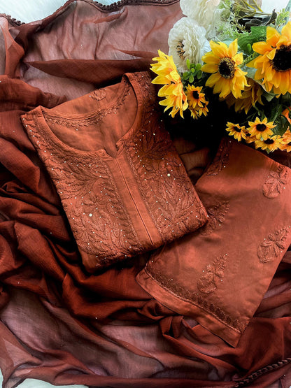 Authentic Handmade Lucknow Chikankari Set Intricate Embroidery Soft Breathable Cotton Kurti Palazzo Dupatta Traditional Indian Salwar Suit