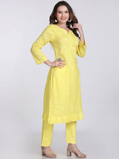 Chikankari Cotton Kurti Pant Set | Handmade Lucknowi Chikan Embroidery 2 Pc Indian Ethnic Suit | Women Boho Kurta Co-ord Set Gift for Her