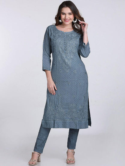 Chikankari Kurti Set Grey Cotton Co-ord, Hand Embroidered Top, Lucknowi Cotton Suit, Ethnic Indian Outfit, Desi Gift For Her