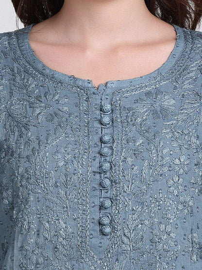 Chikankari Kurti Set Grey Cotton Co-ord, Hand Embroidered Top, Lucknowi Cotton Suit, Ethnic Indian Outfit, Desi Gift For Her